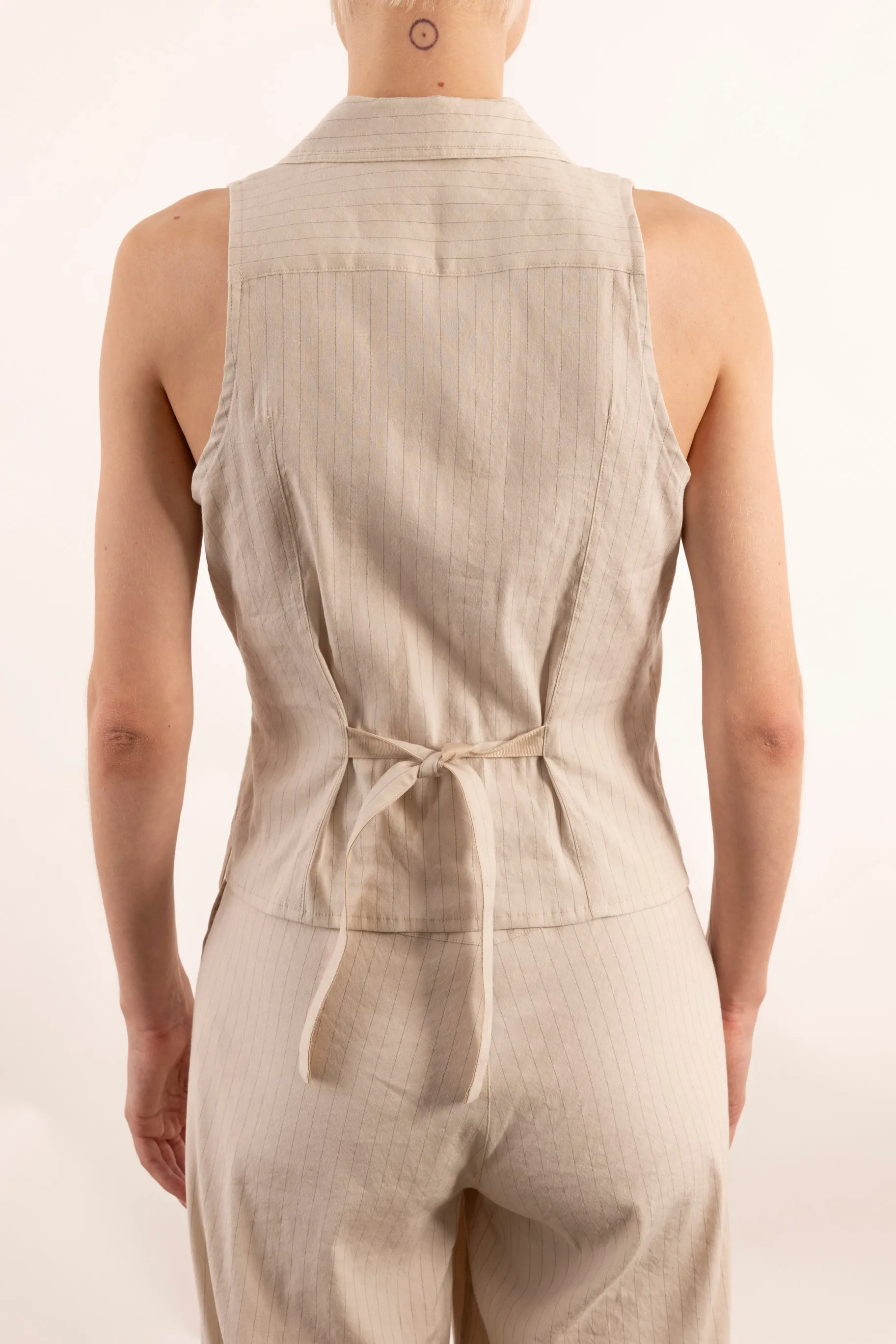 Stretch Pin Stripe Linen Shawl Collar Wrap Vest - YUKI