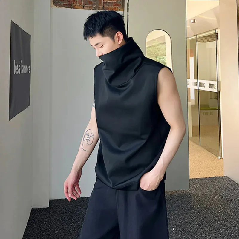 Summer Dark Men's Turtleneck Sleeveless Vests Men's Personality Trend Versatile Solid Color Tank Top Streetwear 9A8791