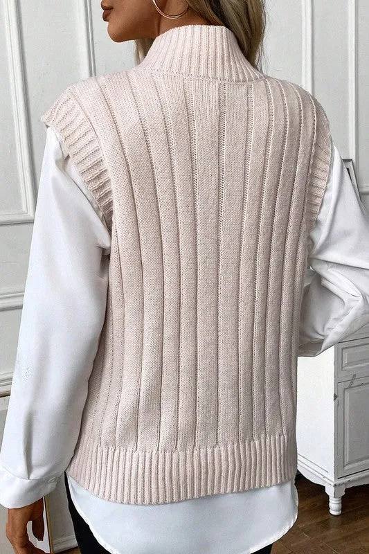 TEEK - Beige Ribbed High Neck Knit Sweater Vest