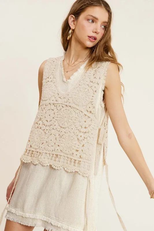 TEEK - Natural Self Side Tie Crochet Vest Top