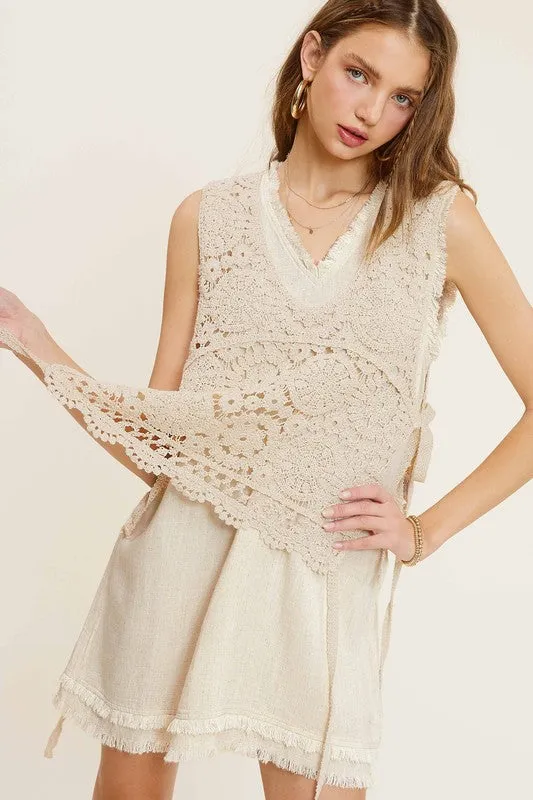 TEEK - Natural Self Side Tie Crochet Vest Top