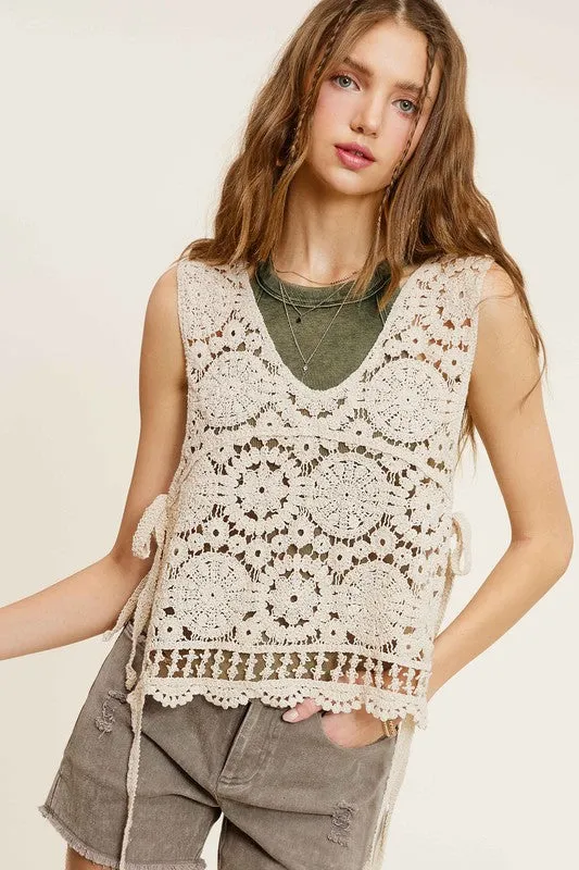 TEEK - Natural Self Side Tie Crochet Vest Top