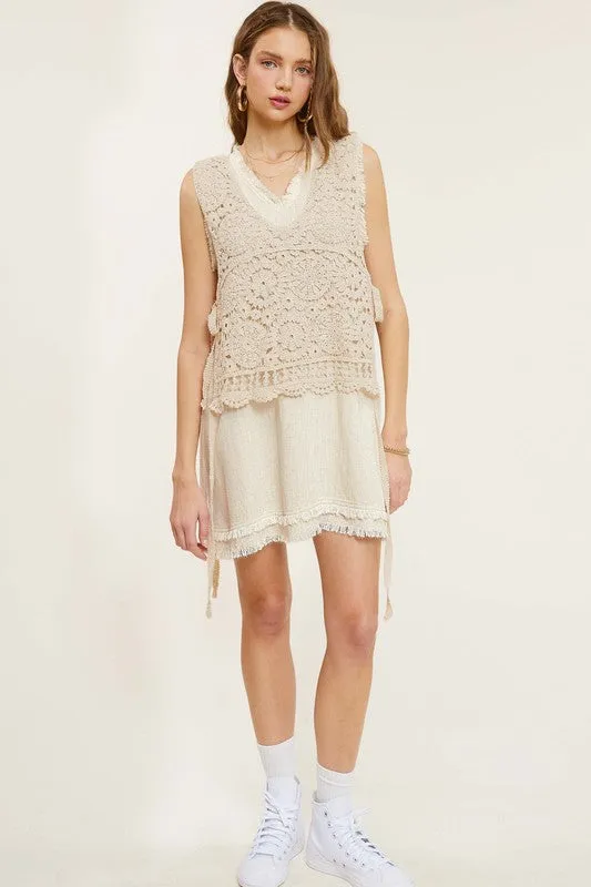 TEEK - Natural Self Side Tie Crochet Vest Top