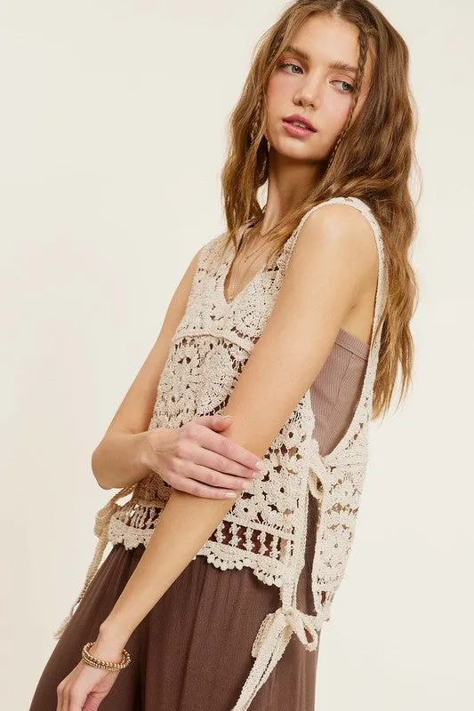 TEEK - Natural Self Side Tie Crochet Vest Top