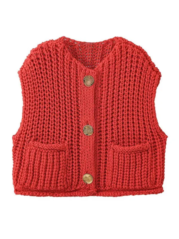 TEEK - Red Thick Knitted Vest Cardigan