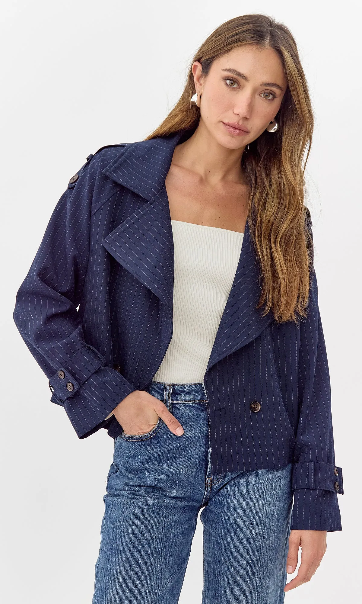 Tessa Pinstripe Cropped Trench Coat