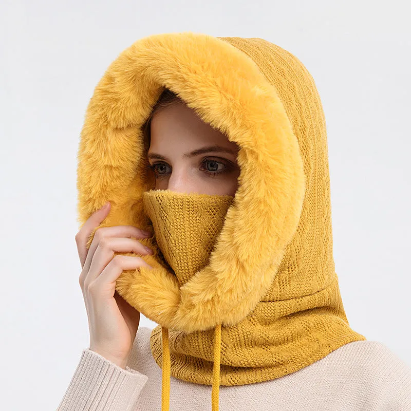 Thick Plush Hat With Scarf. Windproof Hooded Warm Knit Hats For Women