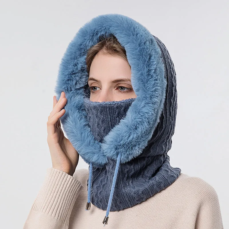 Thick Plush Hat With Scarf. Windproof Hooded Warm Knit Hats For Women