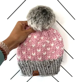 Toddler Happe Hearts Knit Pom Hat | Blossom Pink   Grey   Off White