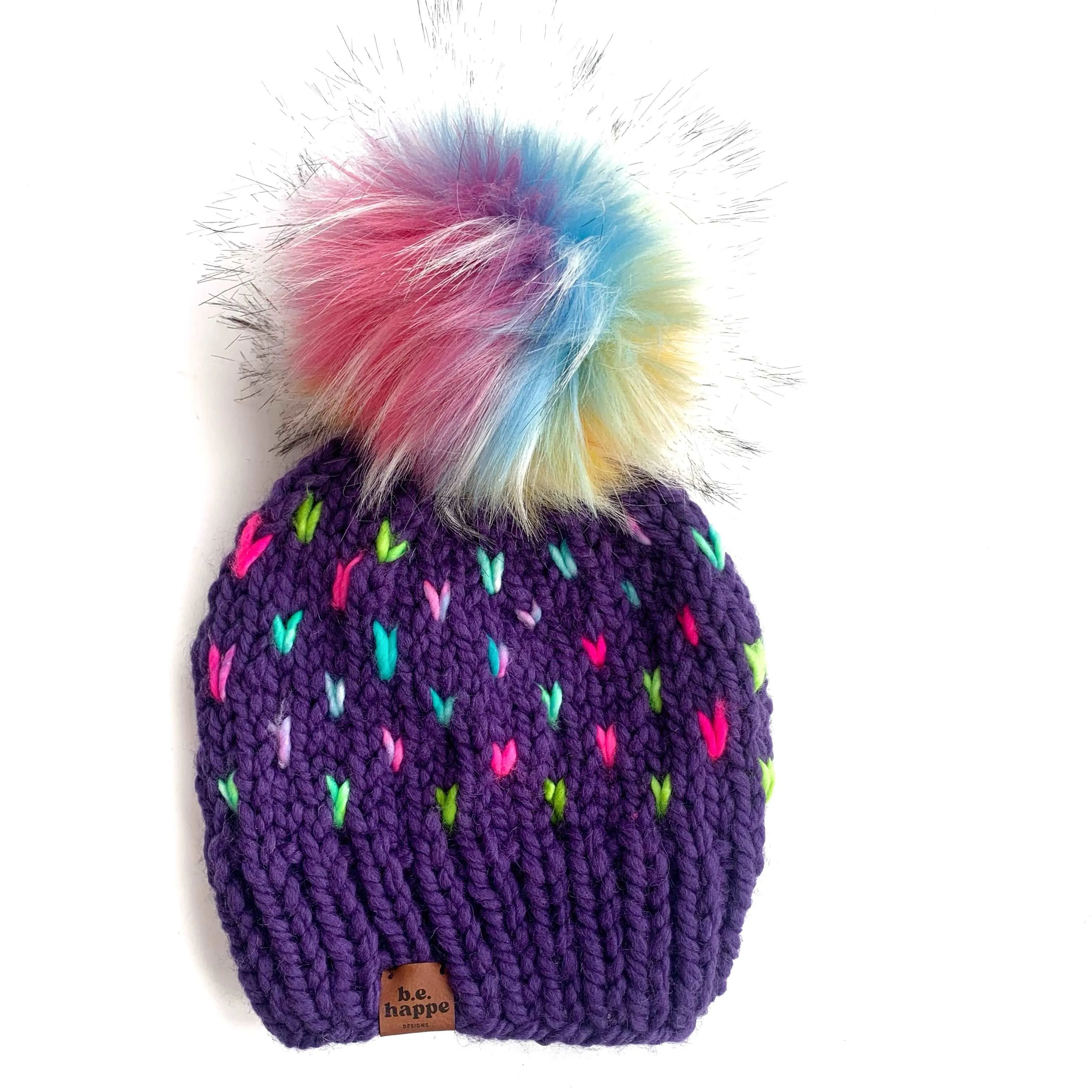 Toddler Knit Heart Pom Hat | Purple Rainbow