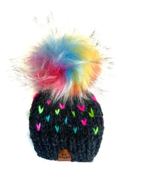 Toddler Knit Hearts Pom Hat | Gray Rainbow