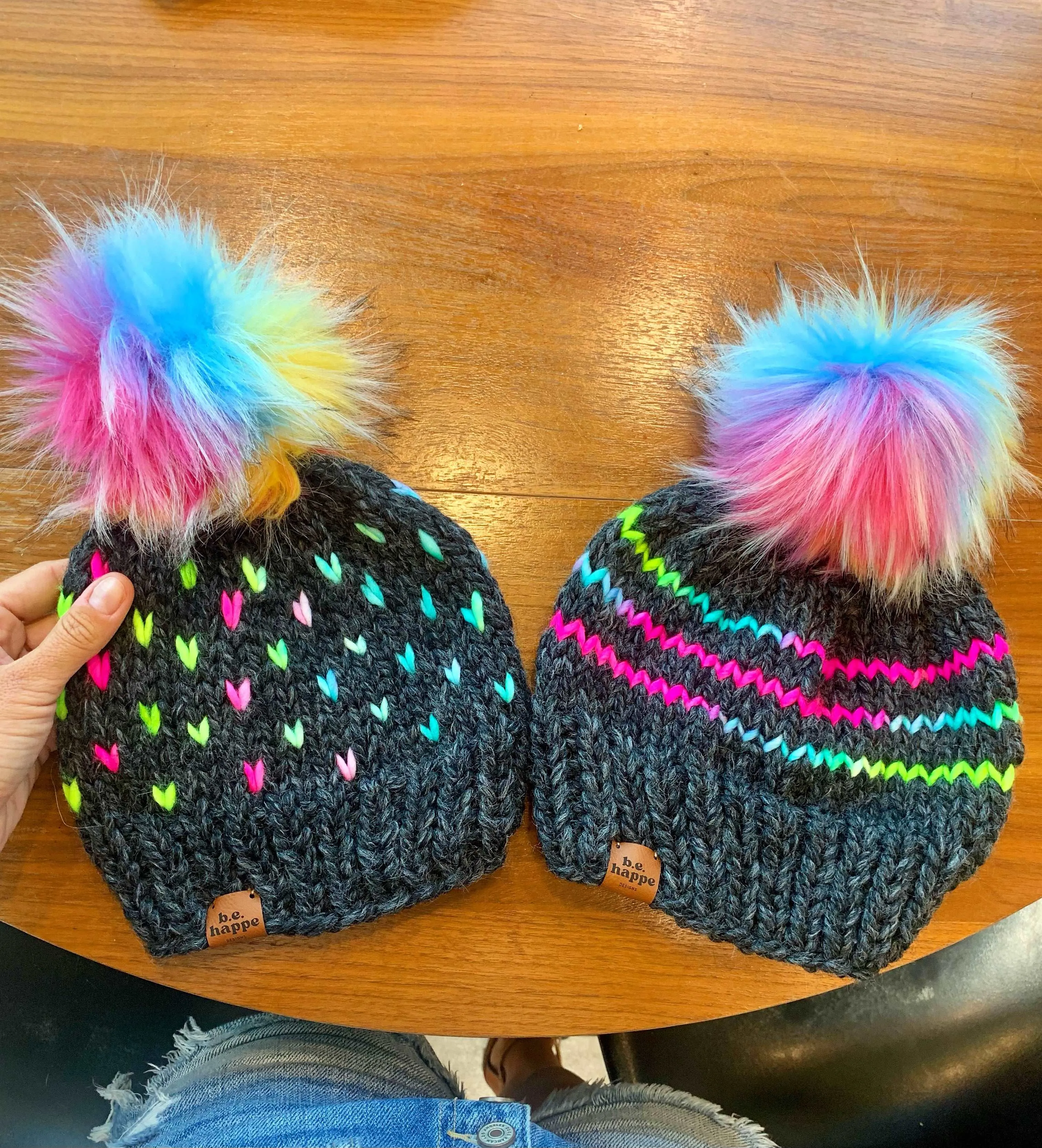 Toddler Knit Hearts Pom Hat | Gray Rainbow