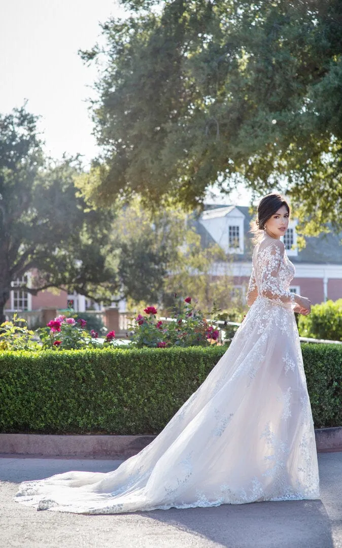 Tulle - Long Sleeve Slim A-Line Beaded Lace Wedding Dress, White