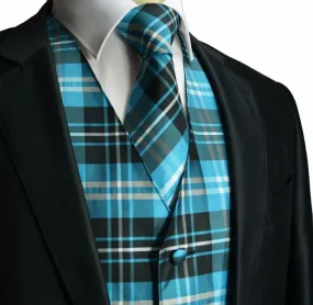 Turquoise and Black Plaid Suit Vest Set