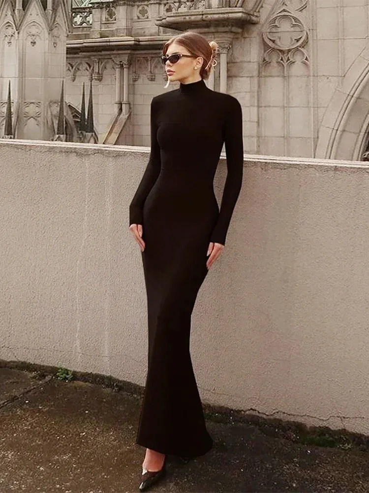 Turtleneck Long Sleeve Mermaid Dress Women 2024 Autumn Winter Clothes Elegant Maxi Dress C16-CZ31