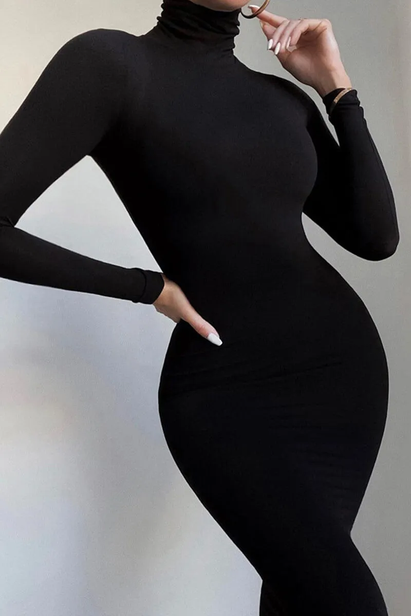 Turtleneck Long Sleeve Solid Color Bodycon Jumpsuit Casual