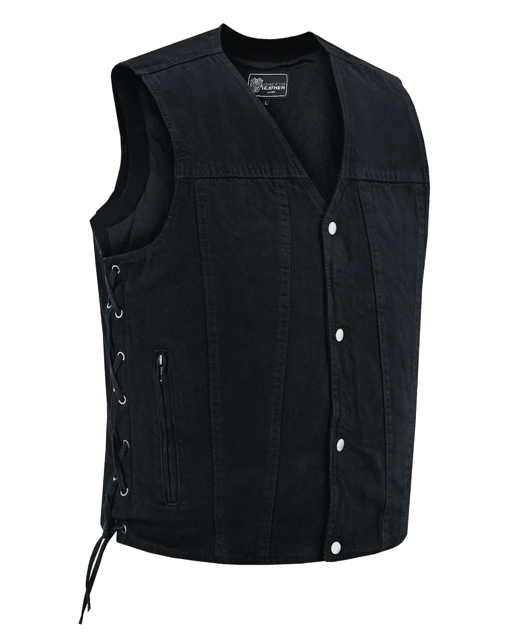 Vance Men's Black V-Neck Denim Vest for Motorcycle Riders