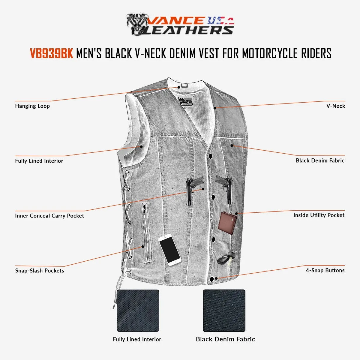 Vance Men's Black V-Neck Denim Vest for Motorcycle Riders