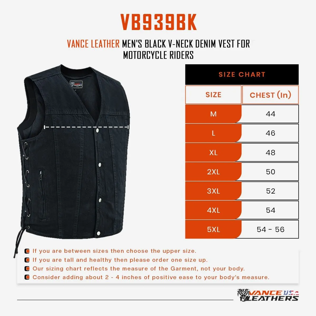 Vance Men's Black V-Neck Denim Vest for Motorcycle Riders