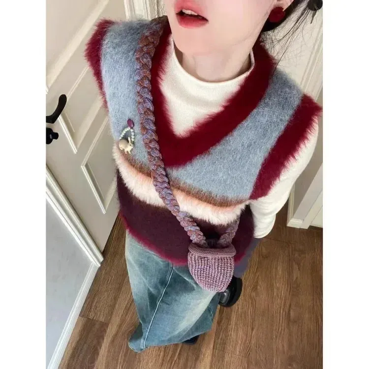 Vevesc Vintage Harajuku Striped Sweaters Vest Autumn New V-neck Slim Fit Knitted Vests Y2k Aesthetics Sleeveless Tops Women