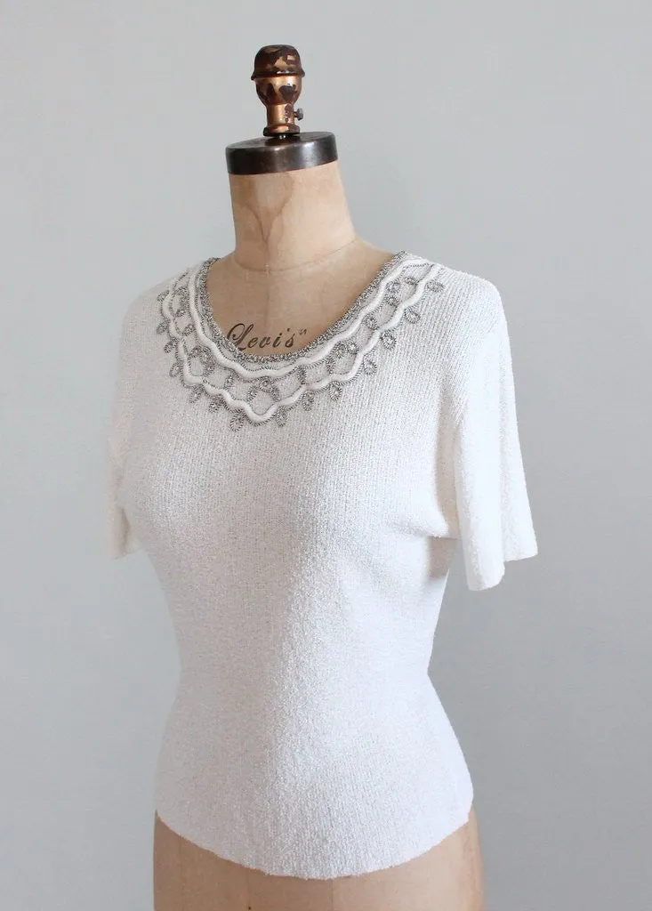 Vintage 1950s Rhinestone and Velvet Trimmed White Sweater