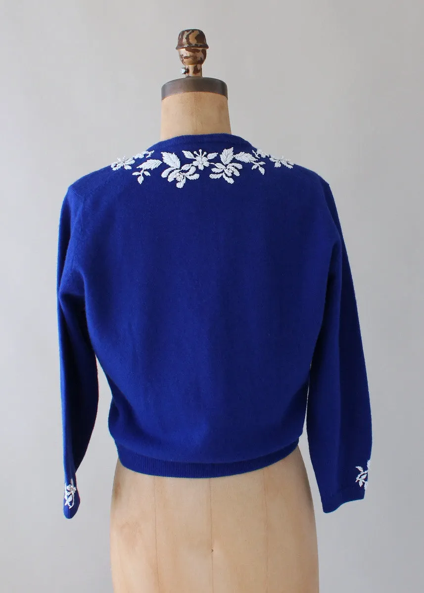 Vintage 1960s Blue and White Beaded Cardigan