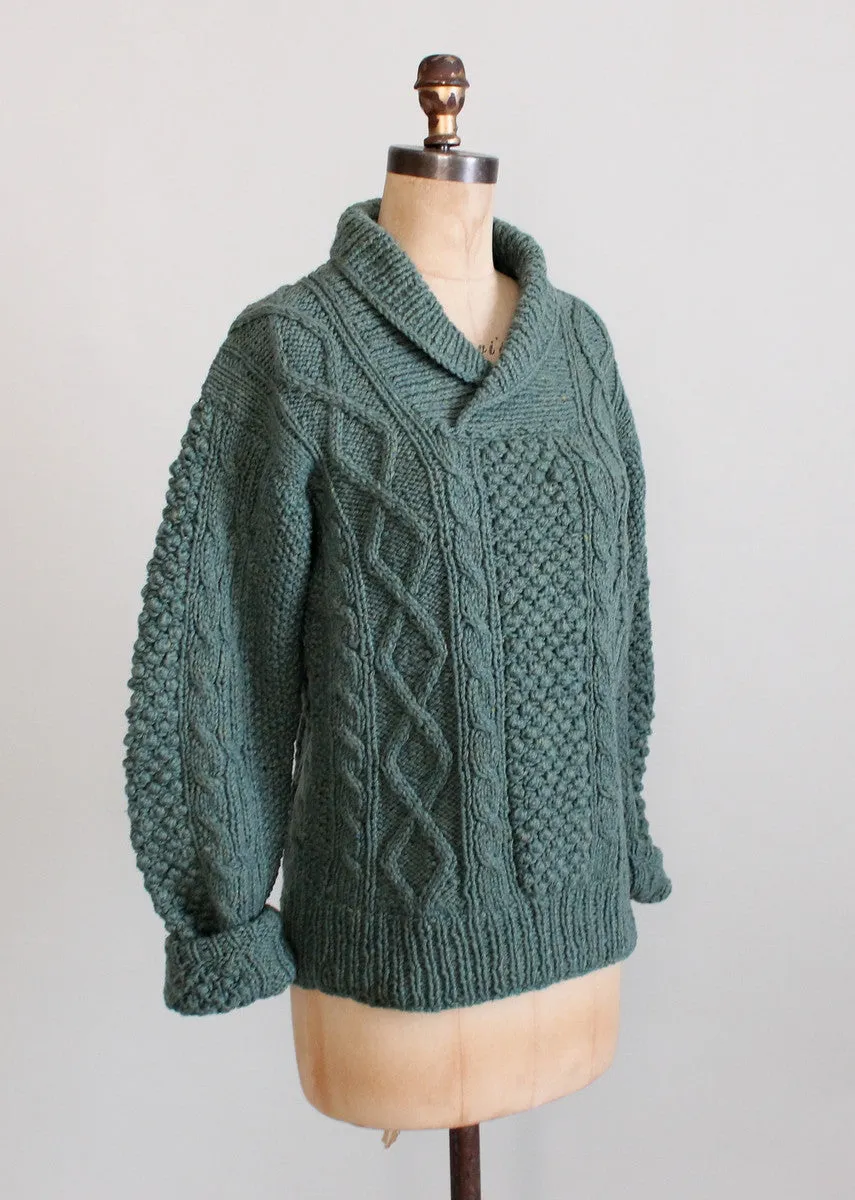 Vintage 1960s Blue Cable Knit Shawl Collar Fisherman Sweater