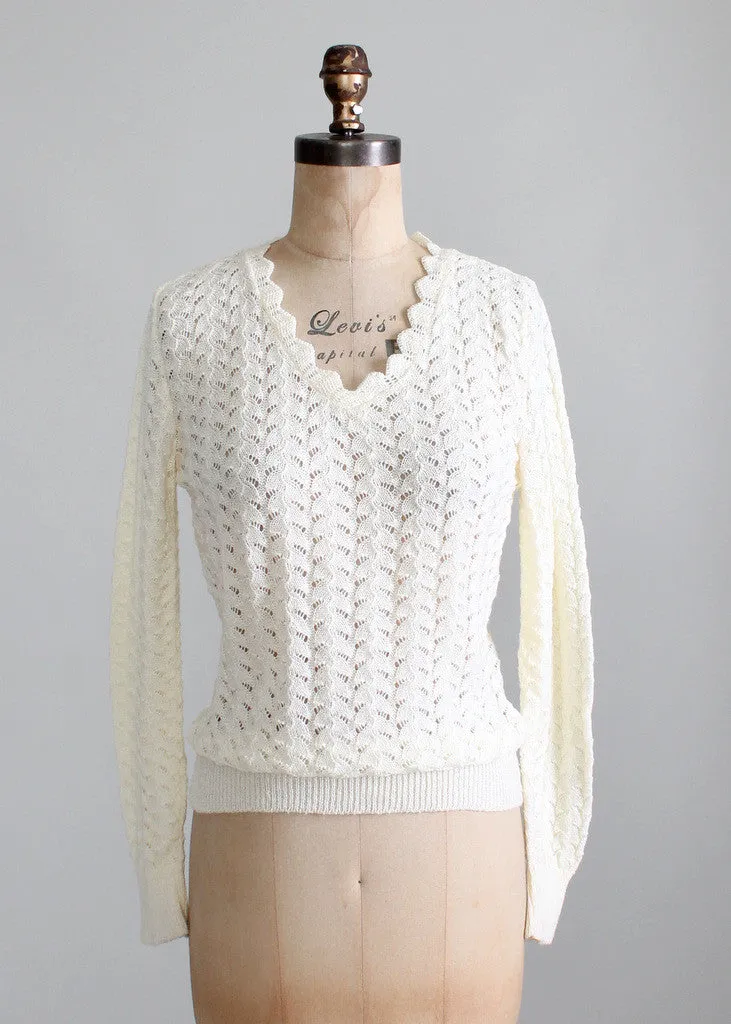 Vintage 1970s Cream Pointelle Summer Sweater