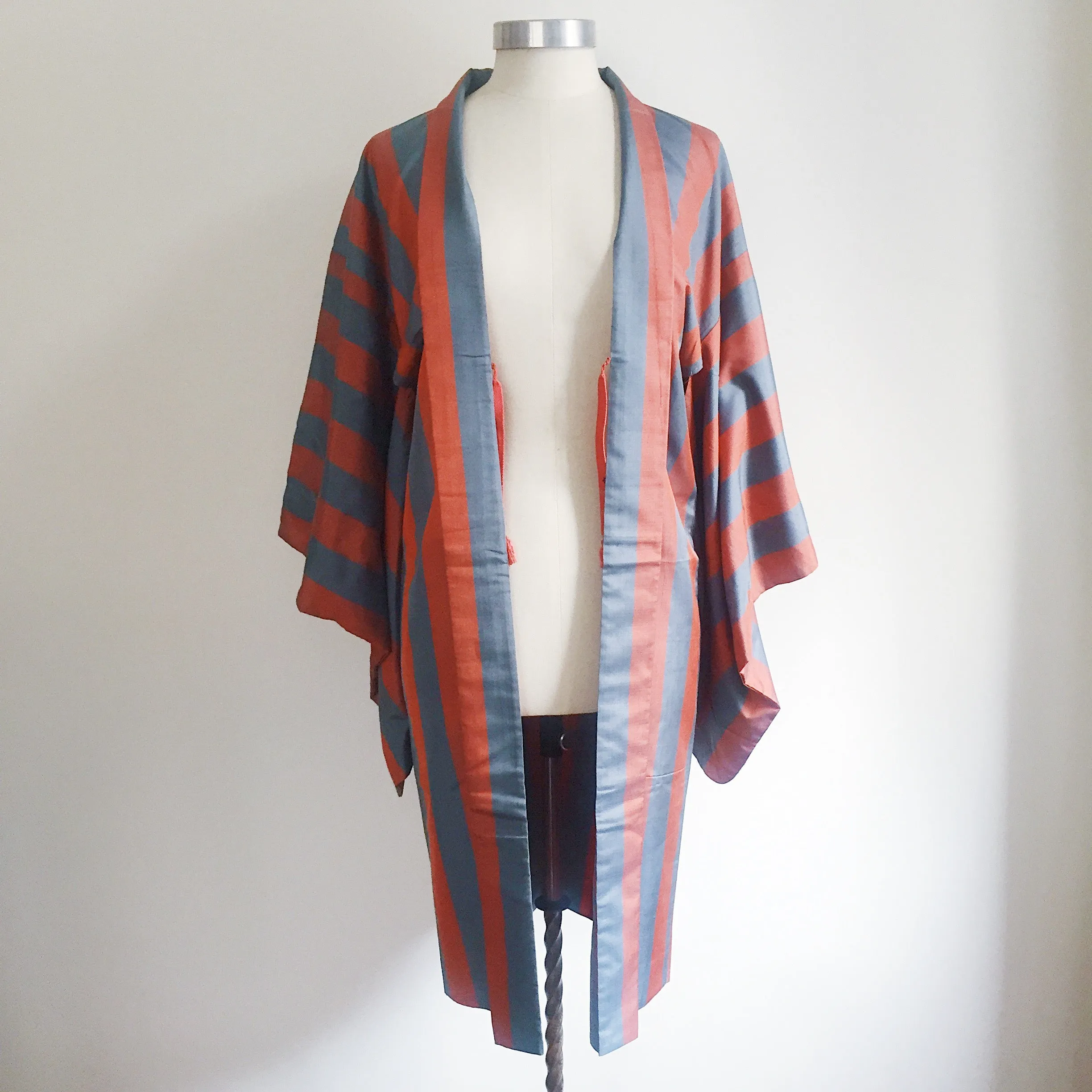 Vintage Kimono Haori Jacket - Orange / Blue Retro Stripe