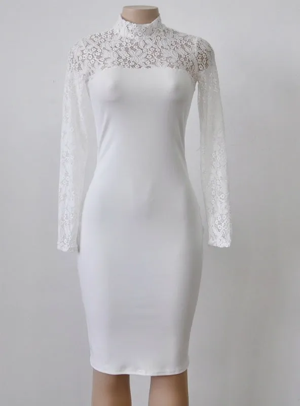 White Lace Dress New Winter Turtleneck Long Sleeve