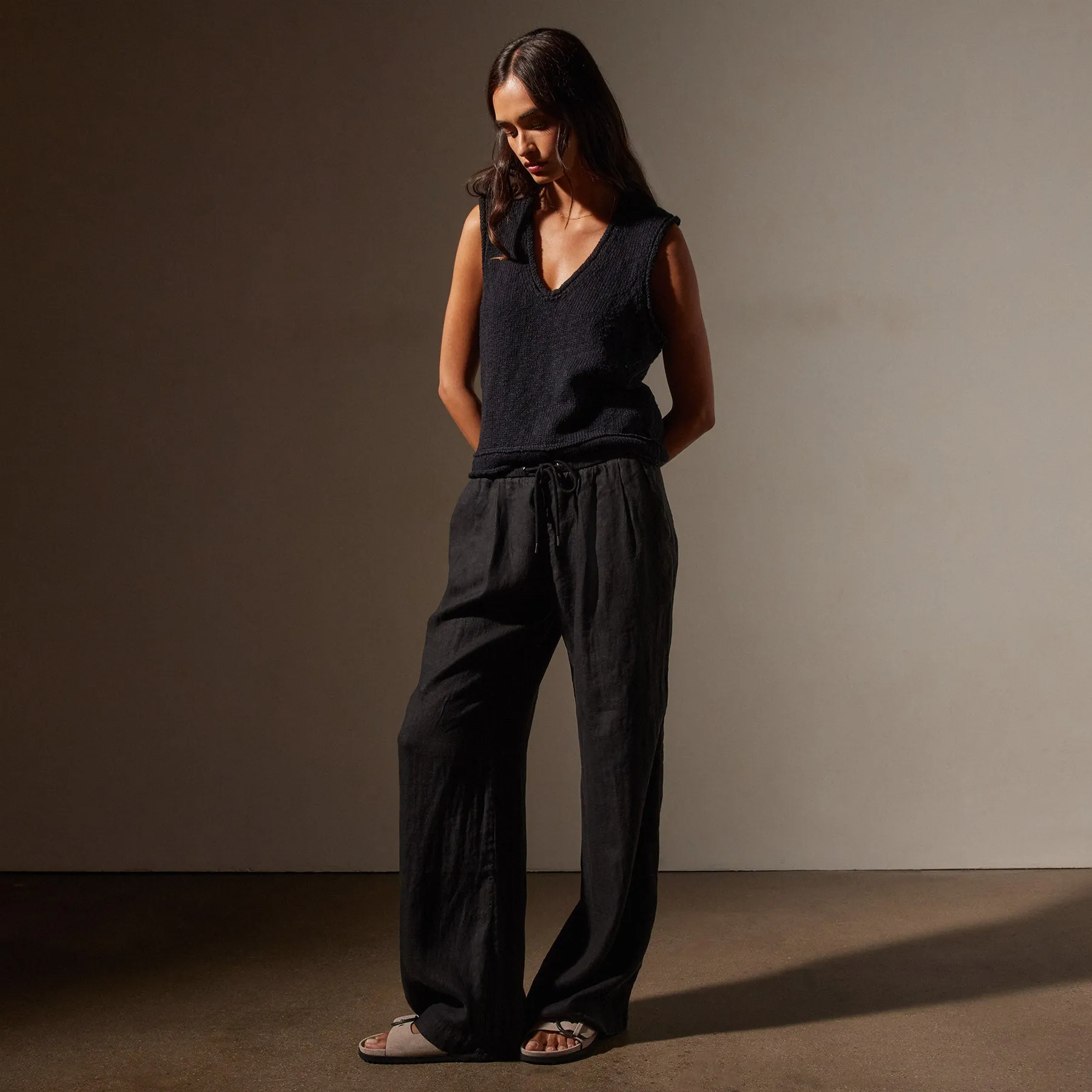 Wide Leg Relaxed Linen Pant - Black