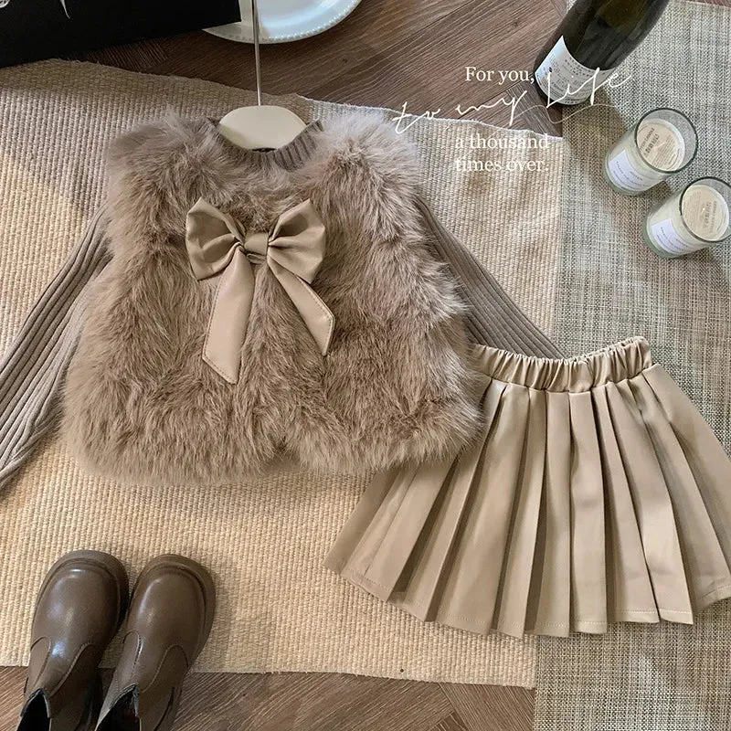 Winter Girls Clothing Sets Autumn Knitted Pullover Faux Fur Vest  plush Leather Skirt Princess Party Children Clothes Suits 2-7Y