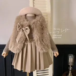 Winter Girls Clothing Sets Autumn Knitted Pullover Faux Fur Vest  plush Leather Skirt Princess Party Children Clothes Suits 2-7Y