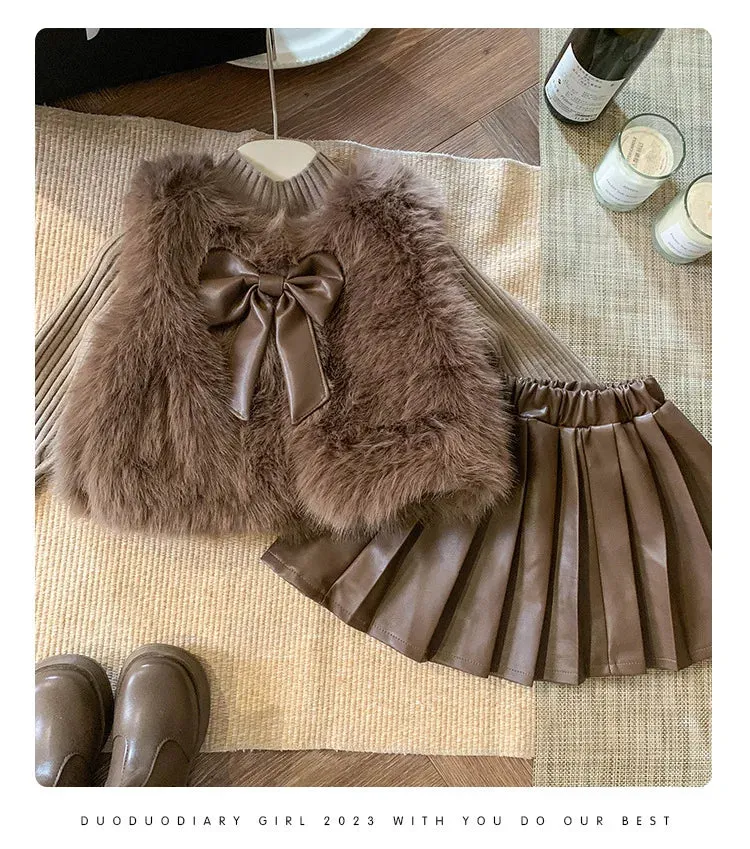 Winter Girls Clothing Sets Autumn Knitted Pullover Faux Fur Vest  plush Leather Skirt Princess Party Children Clothes Suits 2-7Y