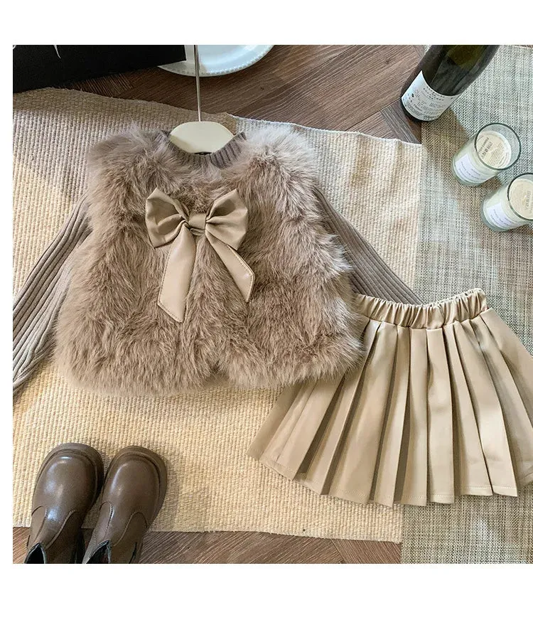 Winter Girls Clothing Sets Autumn Knitted Pullover Faux Fur Vest  plush Leather Skirt Princess Party Children Clothes Suits 2-7Y