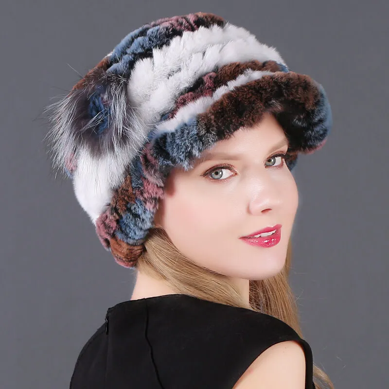 Winter Warm Rex Rabbit Hat Women's Fur Peaked Cap Fur Knit Hat