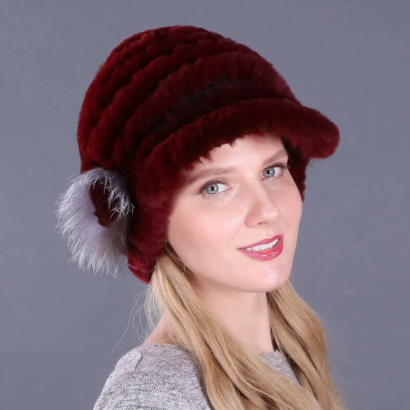 Winter Warm Rex Rabbit Hat Women's Fur Peaked Cap Fur Knit Hat