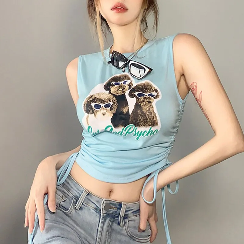 Wjczt Tee Tanks Tops Womens Handsome Cool Dog Animal Printed Sleeveless T-shirt Short O-neck Pleated Drawstring Vest Pullover