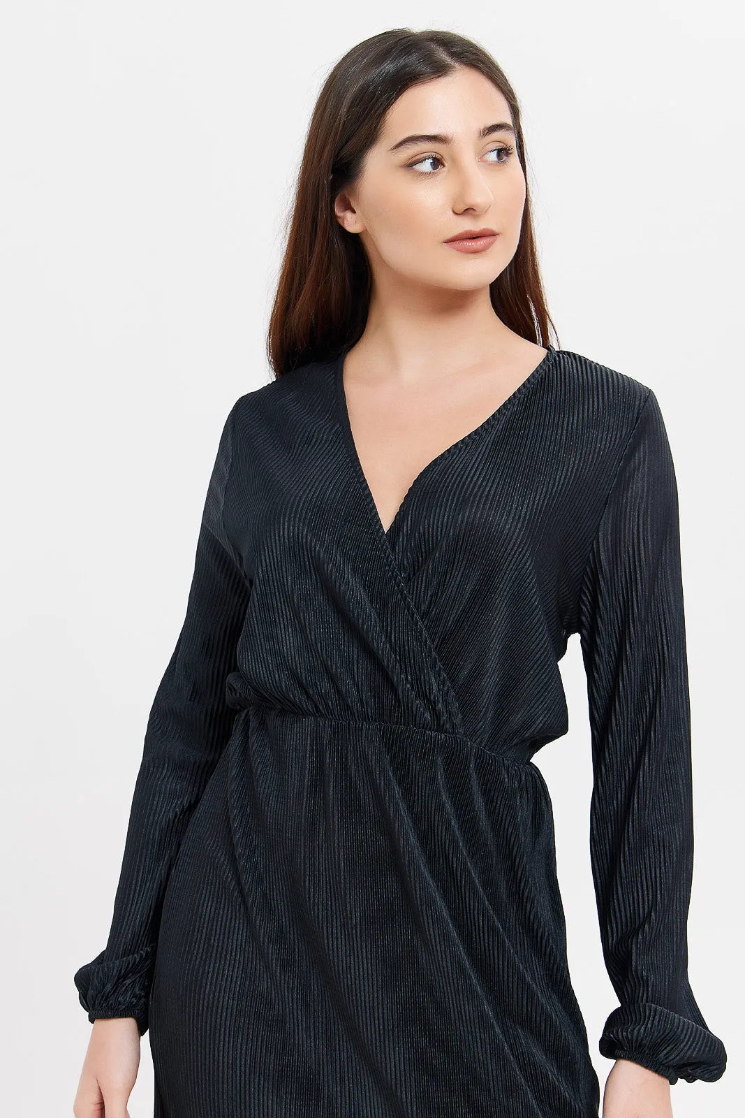 Women Black Long Plisse Wrap Dress