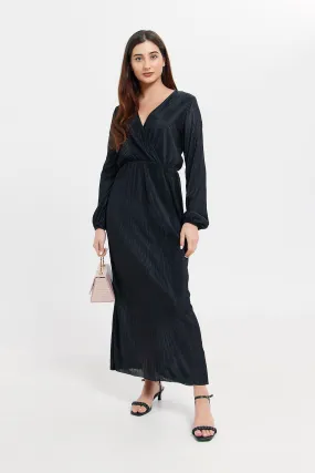 Women Black Long Plisse Wrap Dress