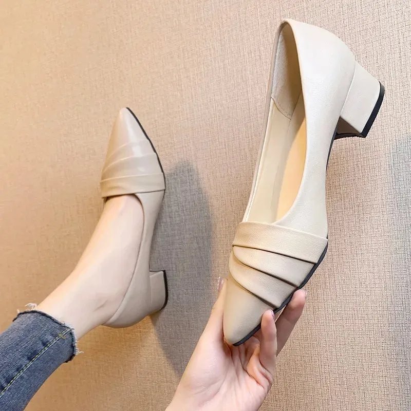 Women's business side heel shoes pointed toe medium heel small leather shoes seasonal elegant formal attire fashionable high heels pleated lines 01