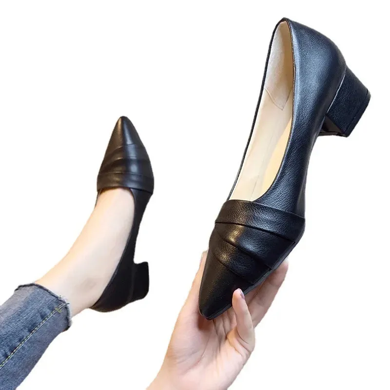 Women's business side heel shoes pointed toe medium heel small leather shoes seasonal elegant formal attire fashionable high heels pleated lines 01