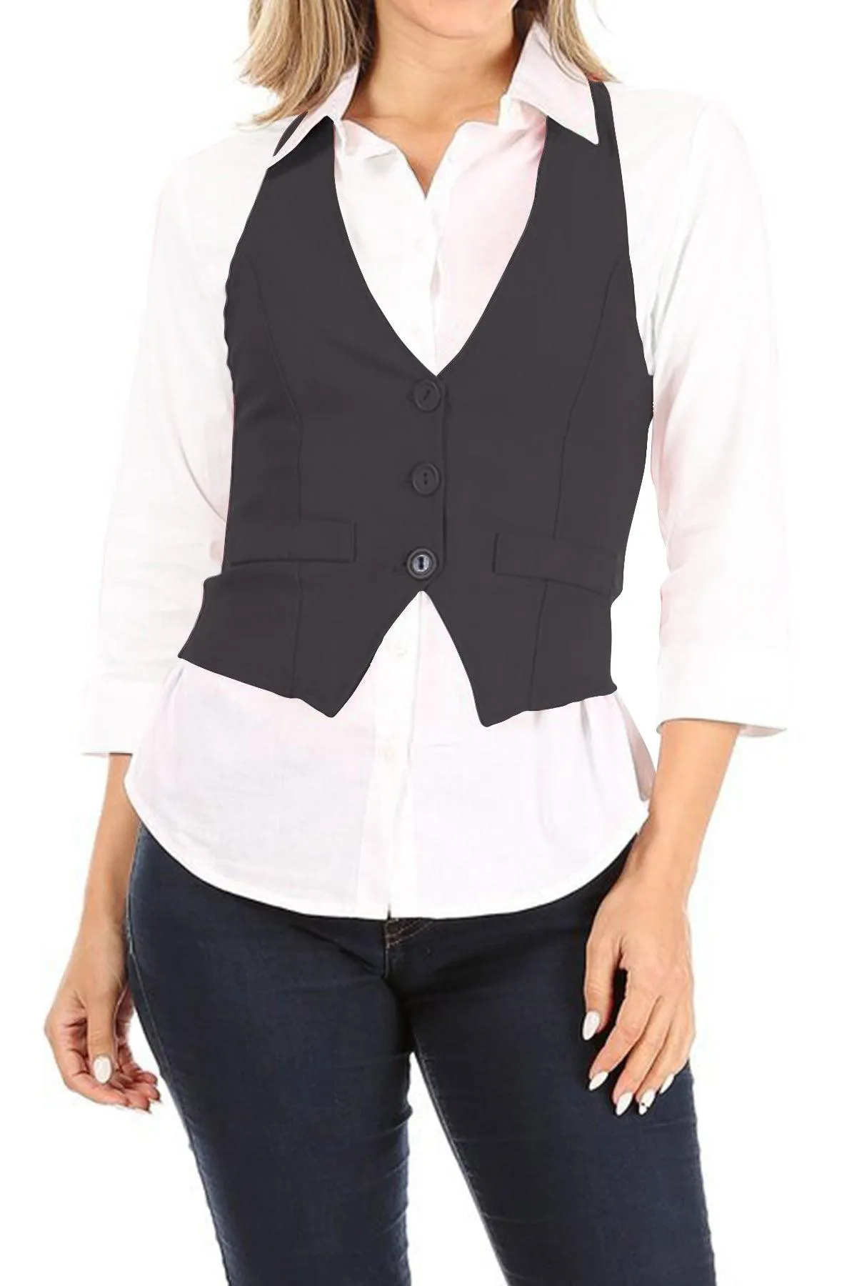 Women's Casual Button Down Racerback Belt Slim Tuxedo Suit Vest Top S-3XL (Pack of 2)