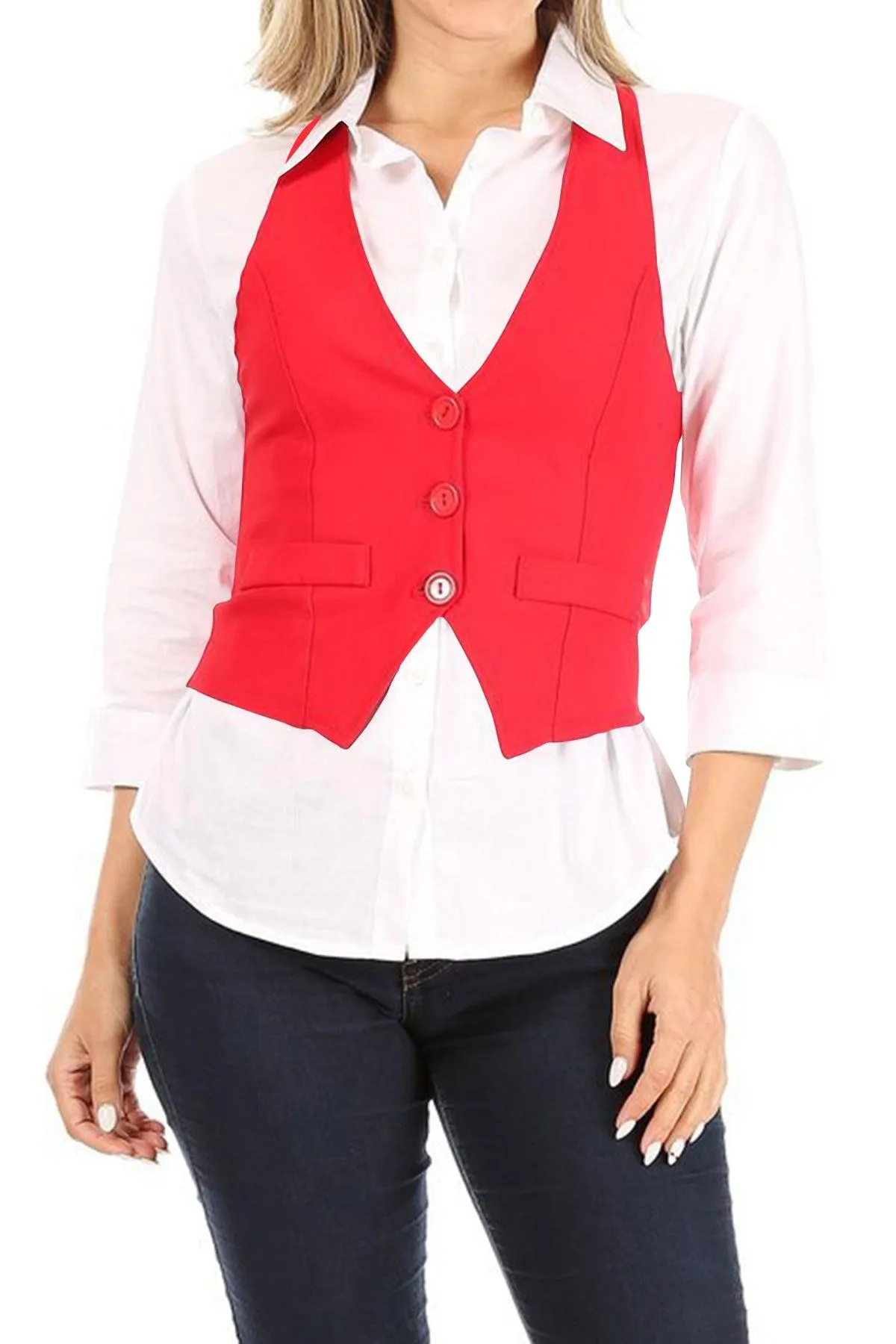 Women's Casual Button Down Racerback Belt Slim Tuxedo Suit Vest Top S-3XL (Pack of 2)