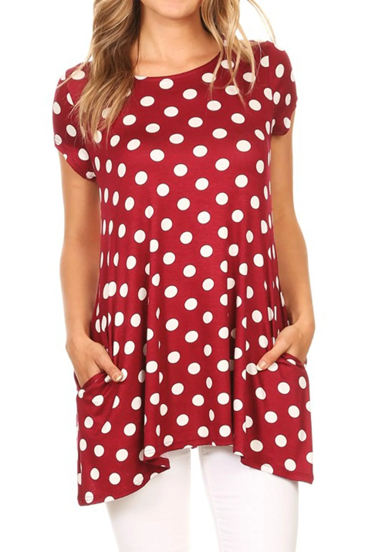 Women's Casual Polka Dot Short Sleeve Round Neck Tunic Tops with Side Pockets