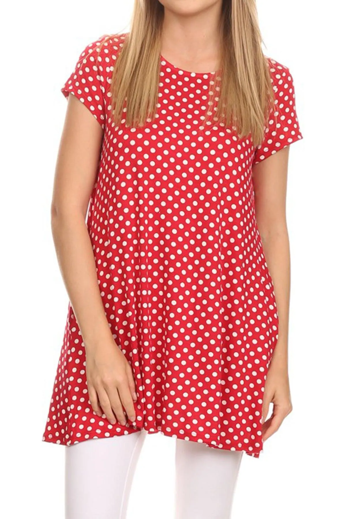 Women's Casual Polka Dot Short Sleeve Round Neck Tunic Tops with Side Pockets