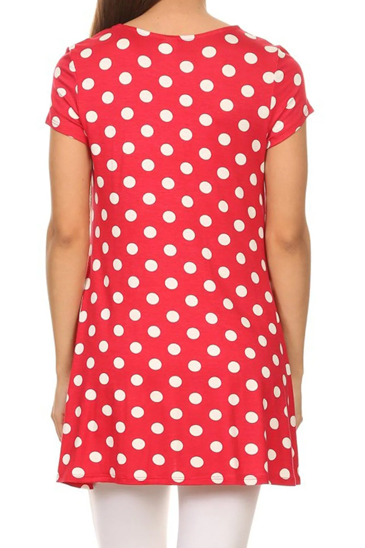 Women's Casual Polka Dot Short Sleeve Round Neck Tunic Tops with Side Pockets