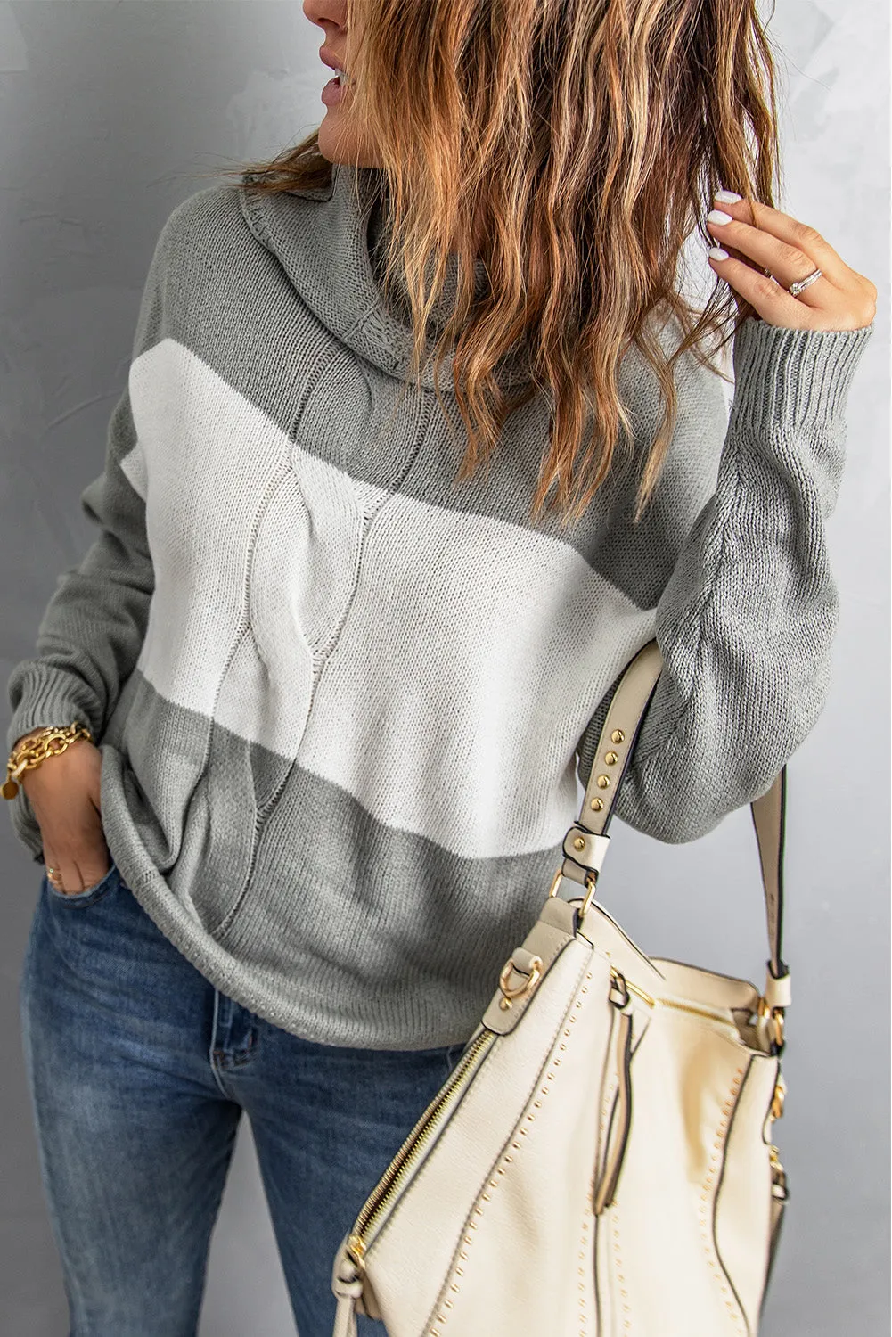 Women's Colorblock Long Sleeve Pullover Top Turtleneck Loose Knitted Sweater