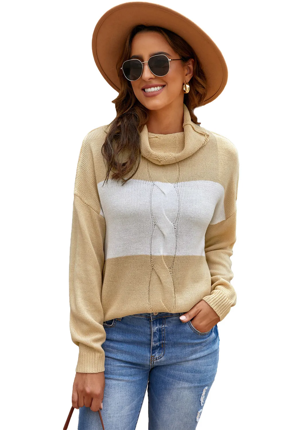 Women's Colorblock Long Sleeve Pullover Top Turtleneck Loose Knitted Sweater