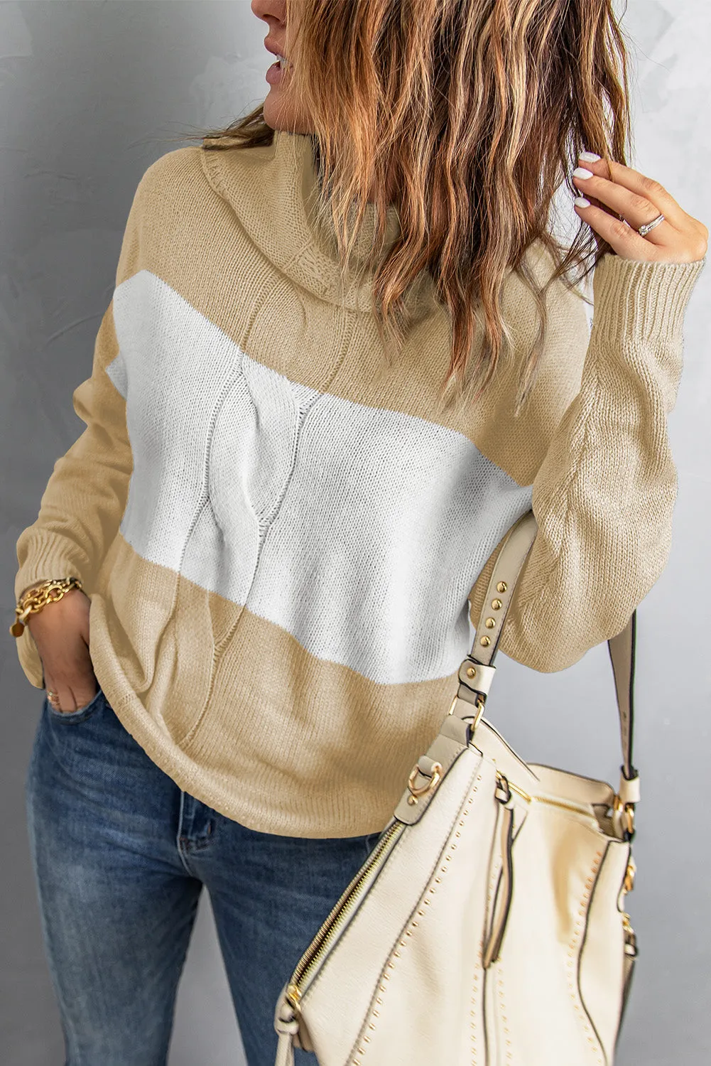 Women's Colorblock Long Sleeve Pullover Top Turtleneck Loose Knitted Sweater